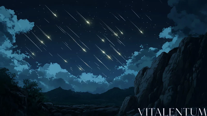 Meteor Shower Illuminates Night Sky Above Mountains AI Image