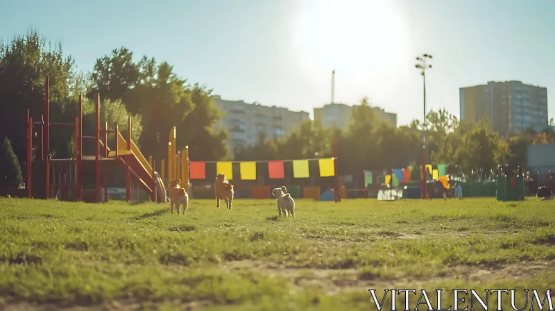 Sunny Park with Dogs and Colorful Playground AI Image