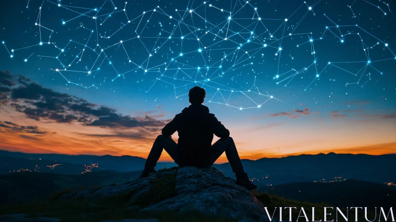 Man Contemplates the Universe at Sunset AI Image