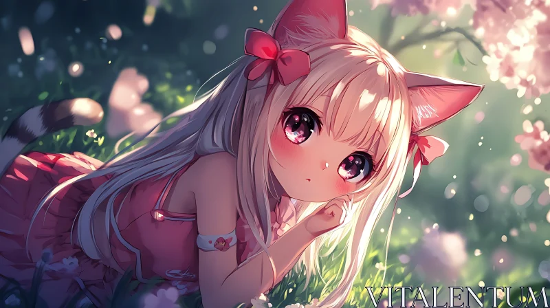 Cute Catgirl Anime Illustration with Cherry Blossoms AI Image