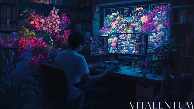 Coding with Flowers: A Tech Workspace AI Image