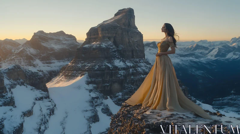 Woman in Dress, Mountain Scenery AI Image