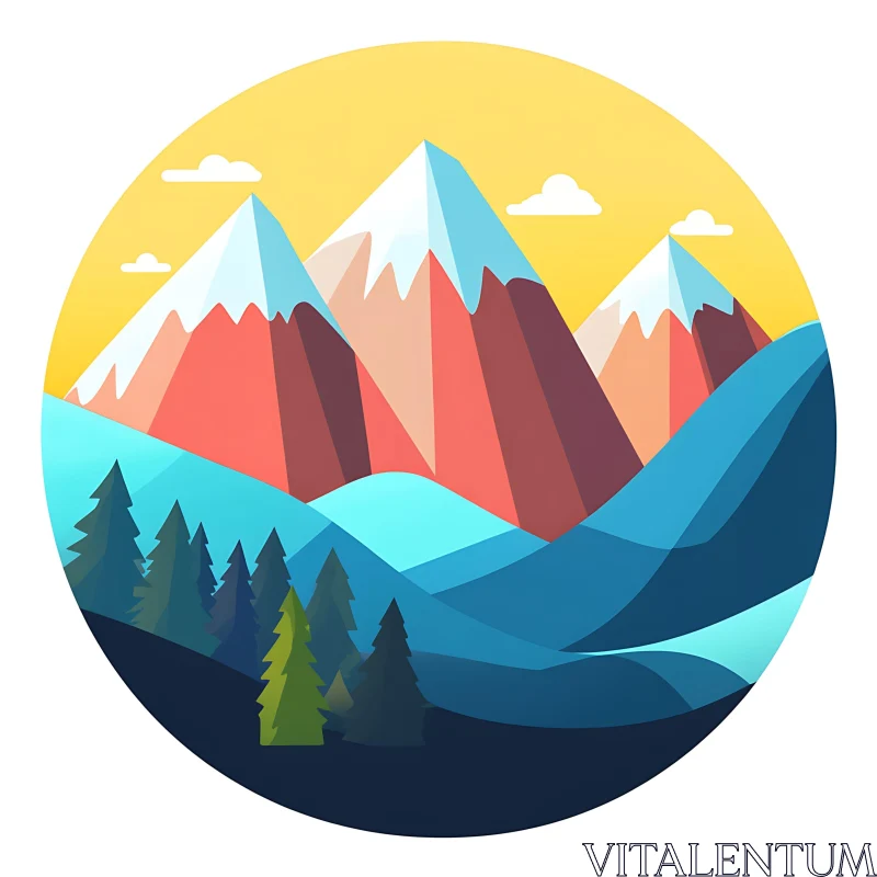 Stylized Mountain and Forest Illustration AI Image