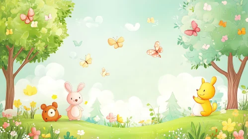 Whimsical Animal Friends in a Cartoon Meadow