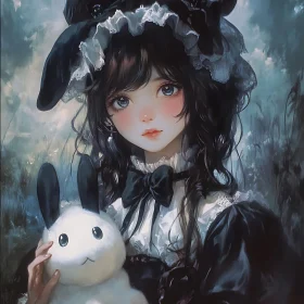 Gothic Anime Doll with Rabbit Toy