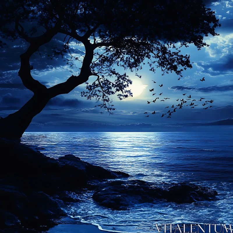 AI ART Tranquil Ocean View Under Moonlight