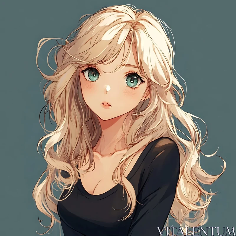 Serene Anime Girl with Flowing Blonde Hair AI Image