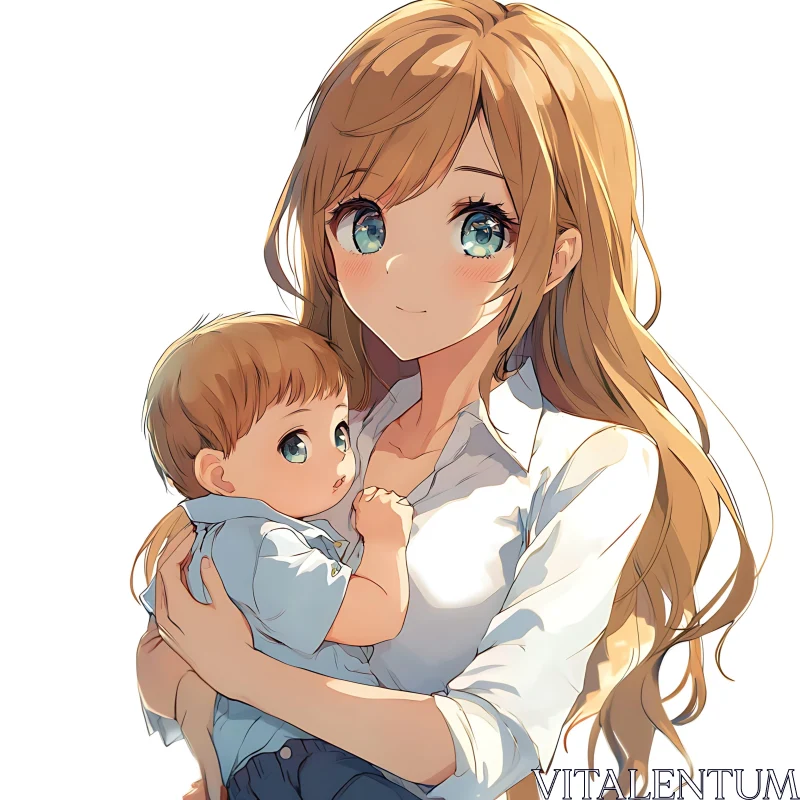 Anime Mother Holding Child Illustration AI Image