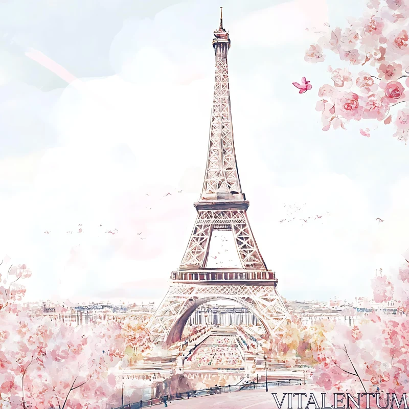 Eiffel Tower Spring Blossom Art AI Image