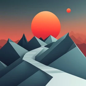 Geometric Mountain Landscape with Stairs