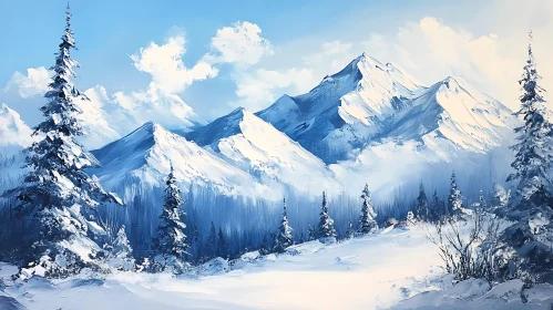 Snowy Mountain Vista with Evergreen Trees