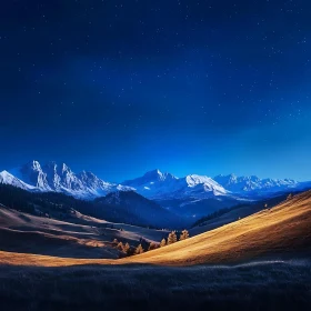 Snowy Peaks and Starry Night Landscape