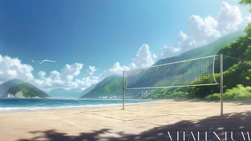 Serene Beach Volleyball Setting with Majestic Mountains AI Image