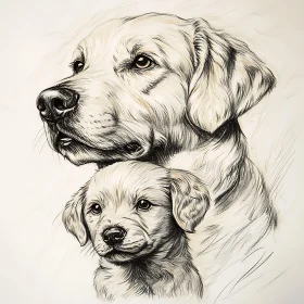 Intricate Sketch of a Dog and Puppy