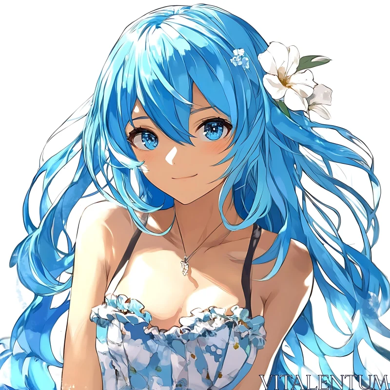 Blue-Haired Anime Girl with Flower and Floral Dress AI Image