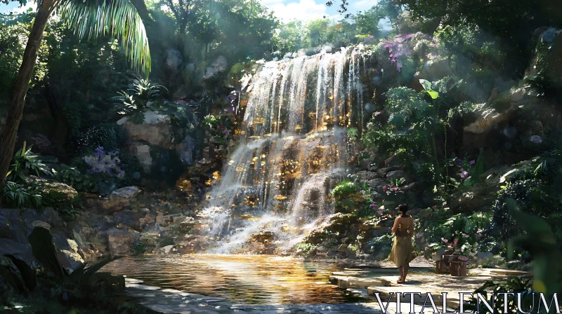 Woman by Tranquil Waterfall in Jungle Setting AI Image