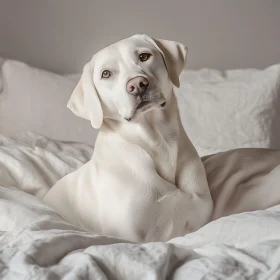 White Labrador Retriever on Bed