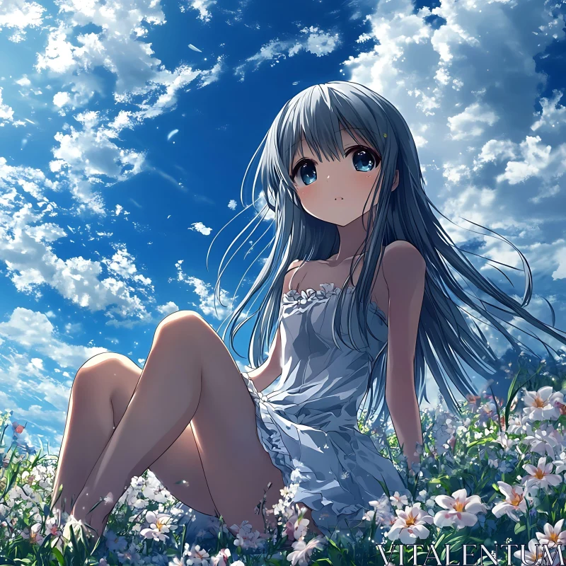 Anime Girl Enjoying Sunny Day in a Floral Meadow AI Image