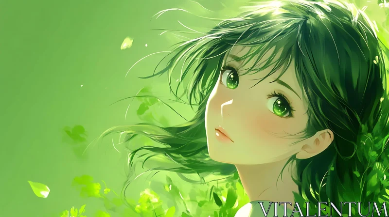 Anime Portrait of a Girl in Leafy Green Surroundings AI Image