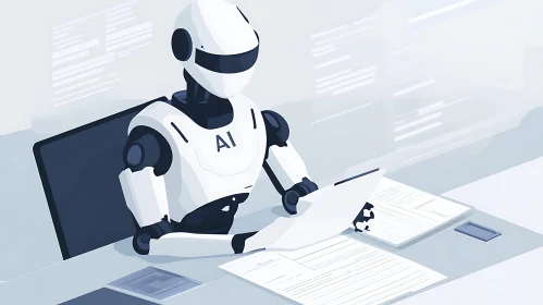 AI Robot Analyzing Paperwork, Futuristic Office