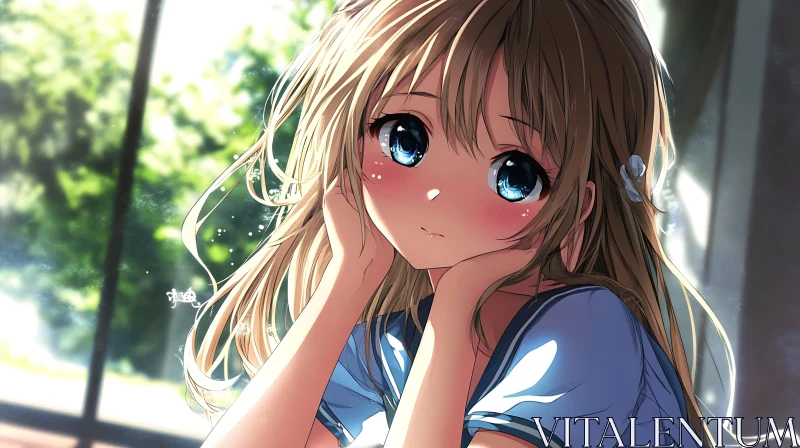 AI ART Pensive Anime Girl by the Window