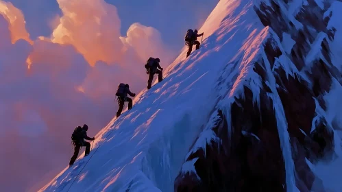 Climbers on Snowy Peak at Sunset