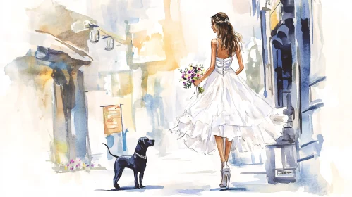 Elegant Bride with Dog Watercolor Art