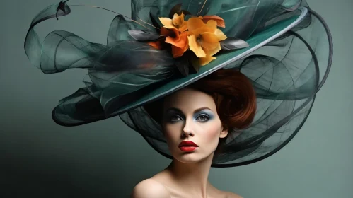 Captivating Woman in Green Fur Hat with Flowers and Blue Makeup
