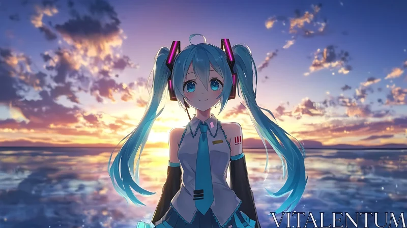 Anime Girl at Sunset by the Water AI Image