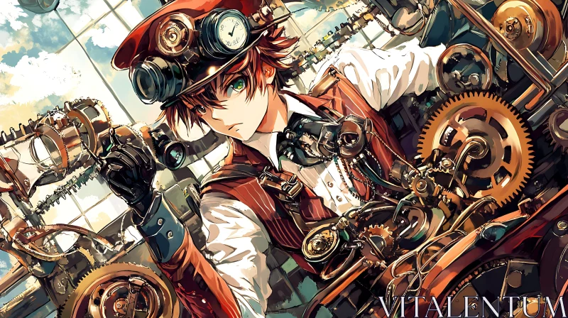 Anime Mechanic in Steampunk Setting AI Image