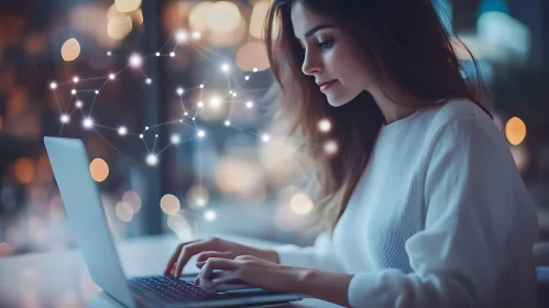 Woman Using Laptop with Glowing Network