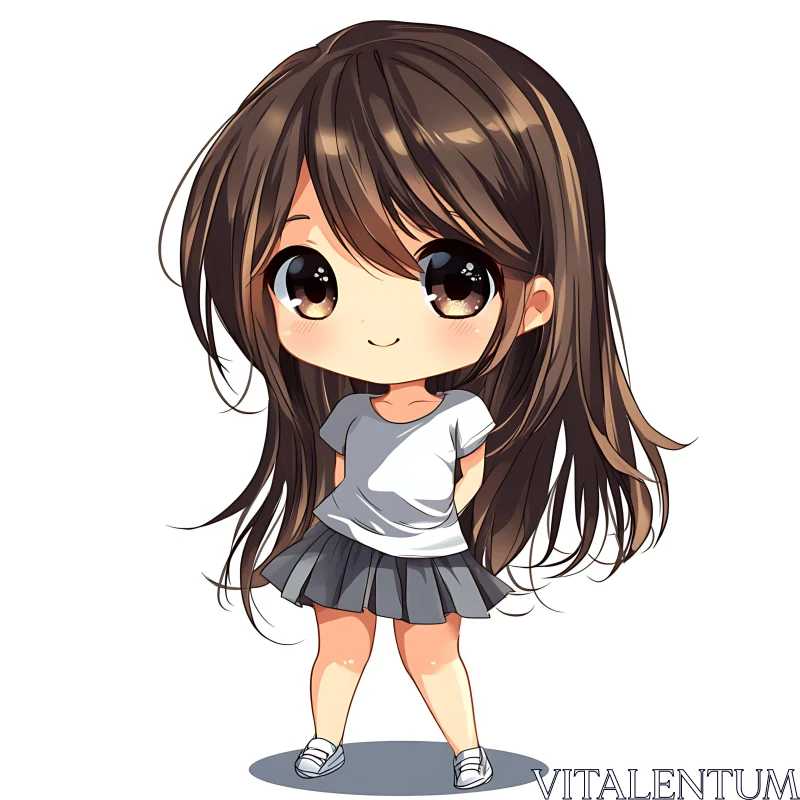 Cute Chibi Girl with Long Brown Hair AI Image