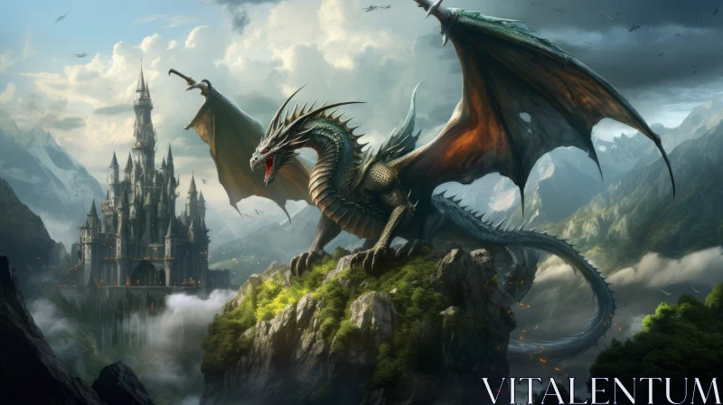 Fairy Tale Dragon and Castle: Enthralling Fantasy Wallpaper AI Image