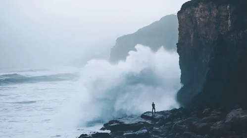 Man on Cliff Facing Ocean Waves