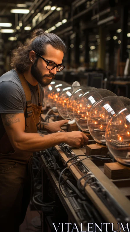 Industrial Worker Inspecting Glass Lamps with Precision AI Image