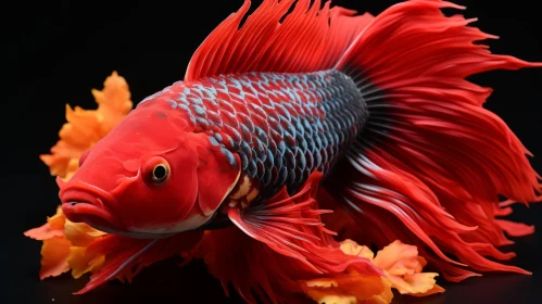 Intricate Portrayal of Red Siamese Betta Fish in Traditional Chinese Style