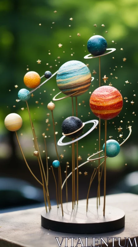 Whimsical Sculpture of Solar System with Metal Stars and Planets AI Image