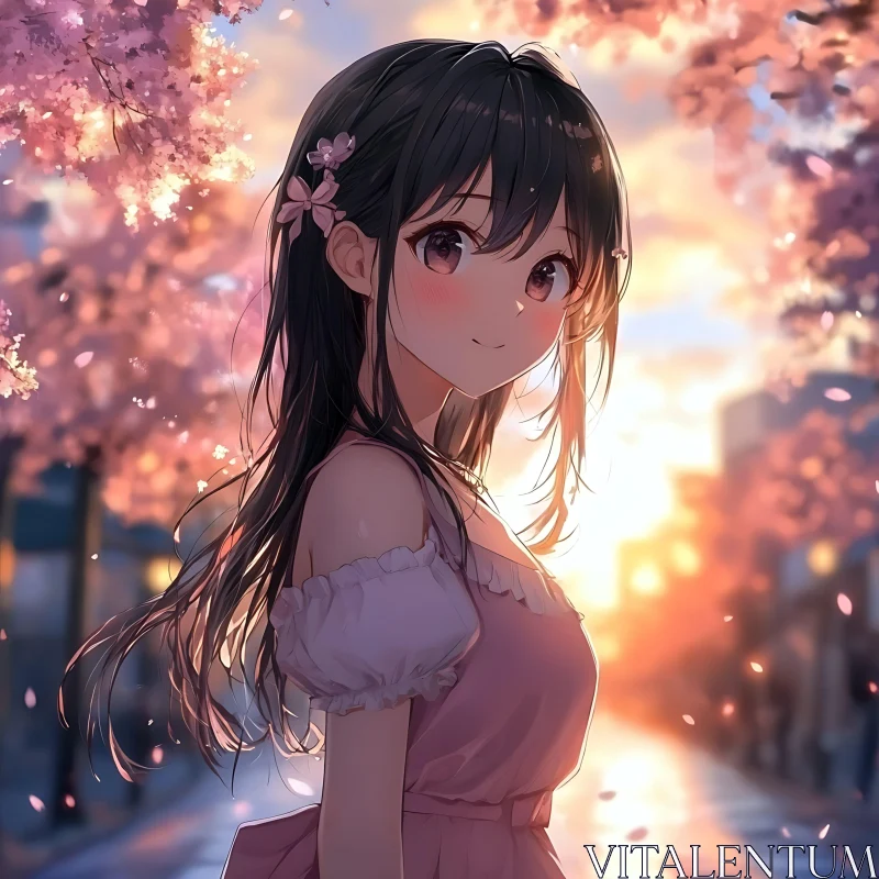 Anime Girl in Pink Dress during Spring Sunset AI Image