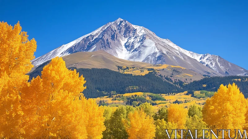 Snowy Mountain Peak with Golden Trees AI Image