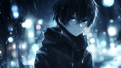 Contemplative Anime Boy in Rain