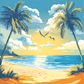 Seaside Paradise with Palm Trees and Birds