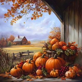 Pumpkins and Autumn Leaves by the Barn