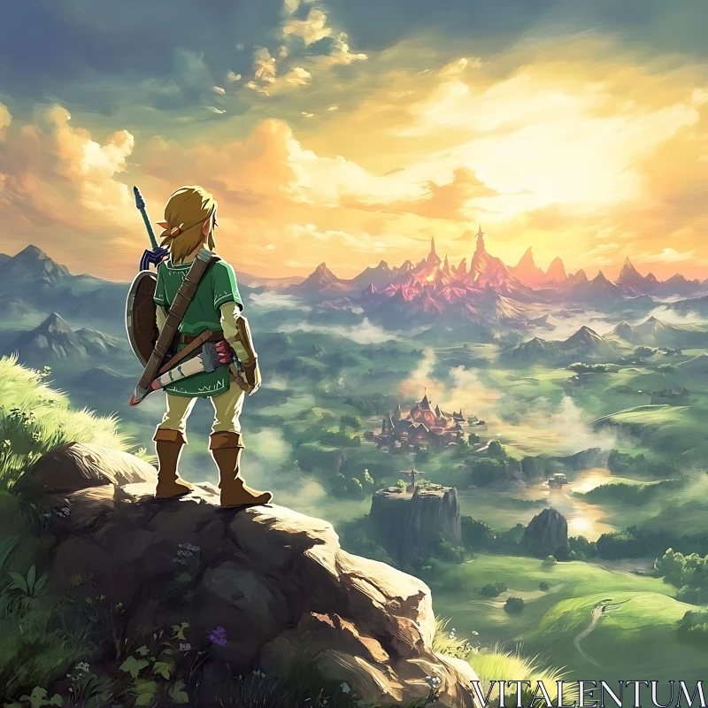 Fantasy Hero Overlooking Castle at Sunset AI Image