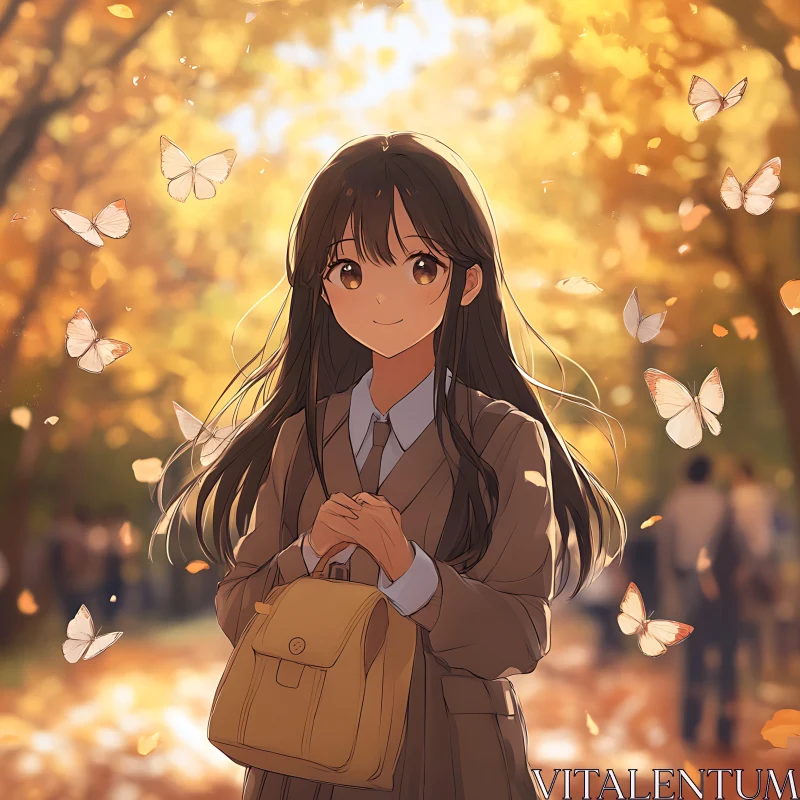 Warm Autumn Day with Butterflies and Schoolgirl AI Image