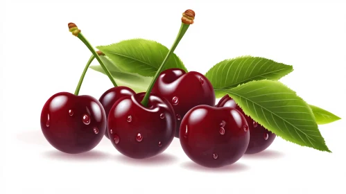 Fresh Cherries with Green Leaves