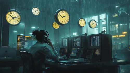 Rainy Data Center with Floating Clocks