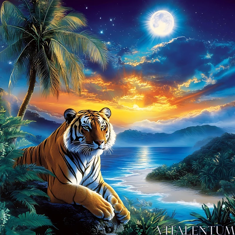 AI ART Tranquil Tiger Seascape at Night