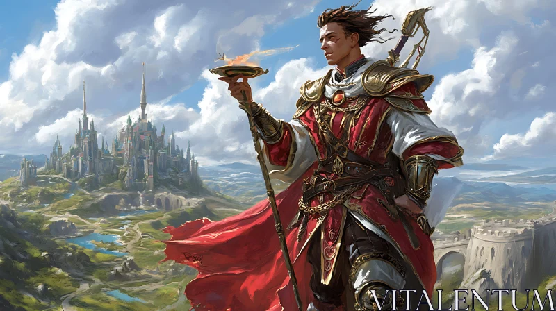 Magical Man with Distant Castle AI Image