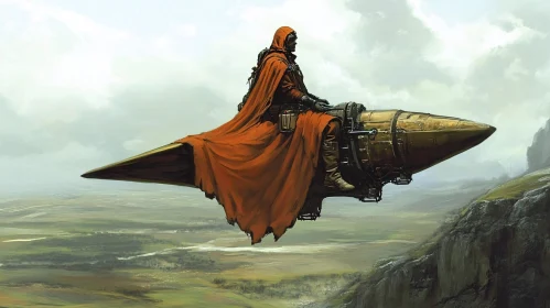 Cloaked Figure on Steampunk Rocket