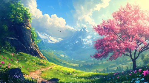 Scenic Mountain View with Pink Blossom Tree